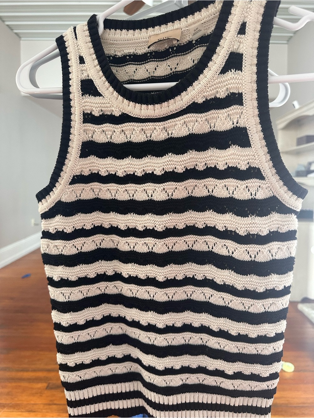 Tahari Black and Cream Striped Knit Tank
